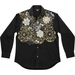 Vintage 90s Sunbelt Black Gold Lace Print Bedazzled Crochet Patch Top Small